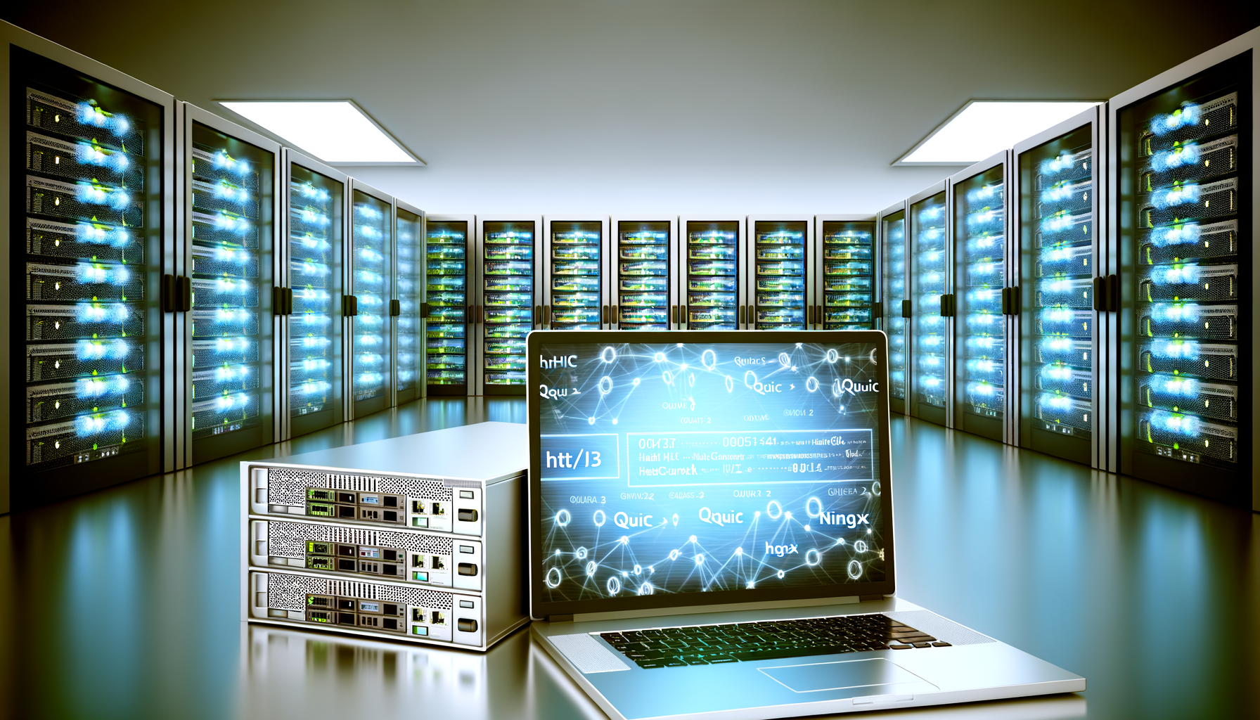 Server rack illuminati con laptop che mostra configurazione HTTP/3 QUIC e Nginx in data center moderno, per Plesk