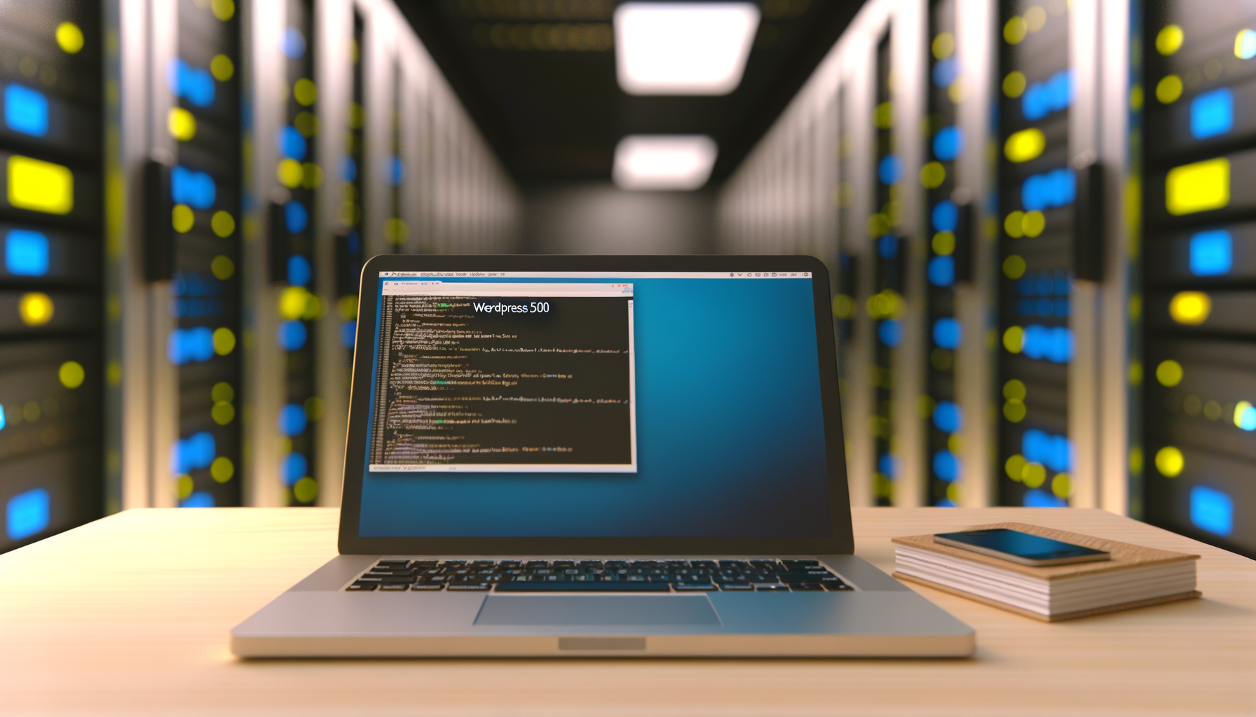 Computer portatile su scrivania con codice errore Wordpress 500 in un data center moderno