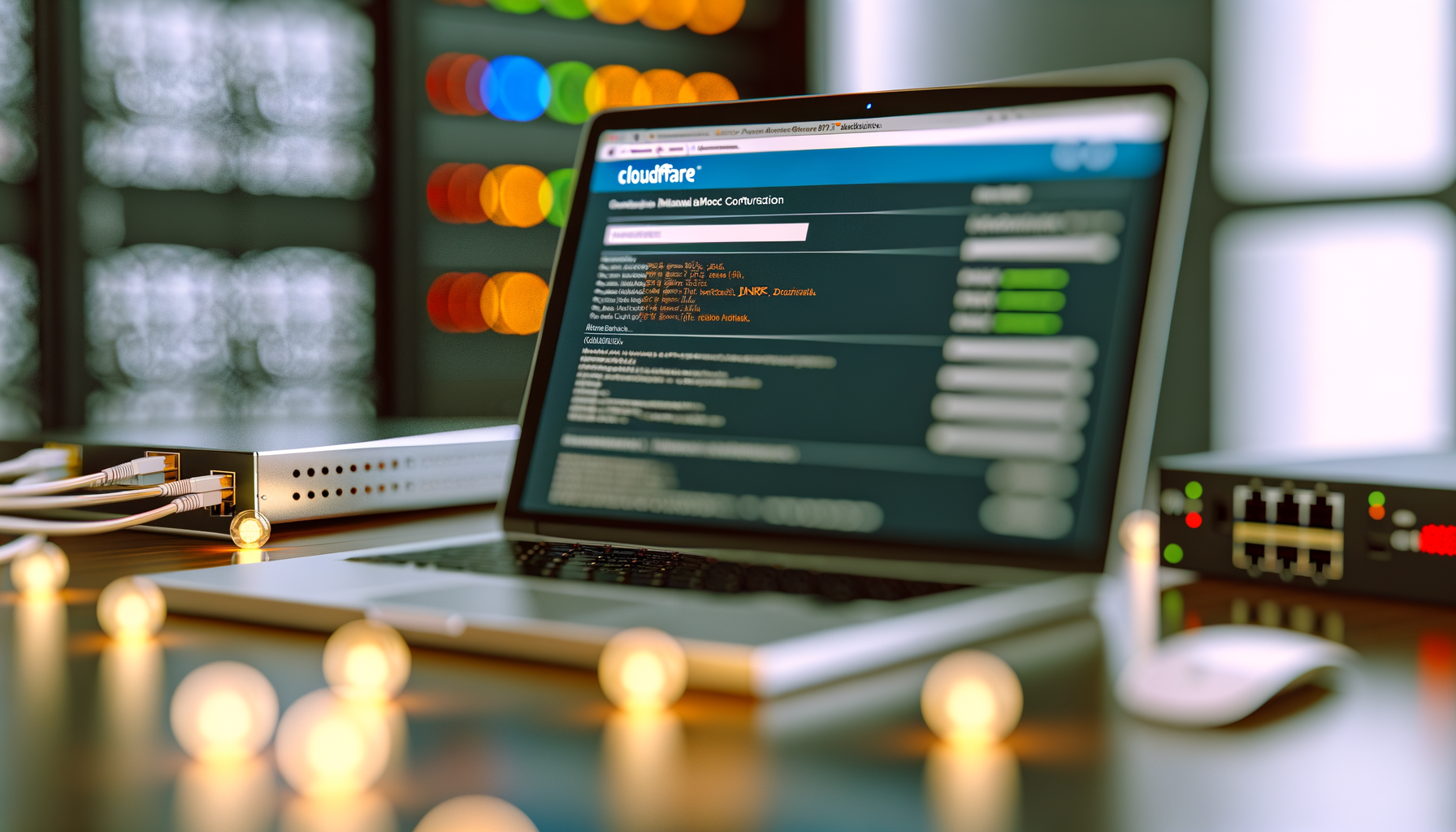 Laptop acceso con schermata Cloudflare aperta, collegato a dispositivi di rete con luci LED accese su scrivania