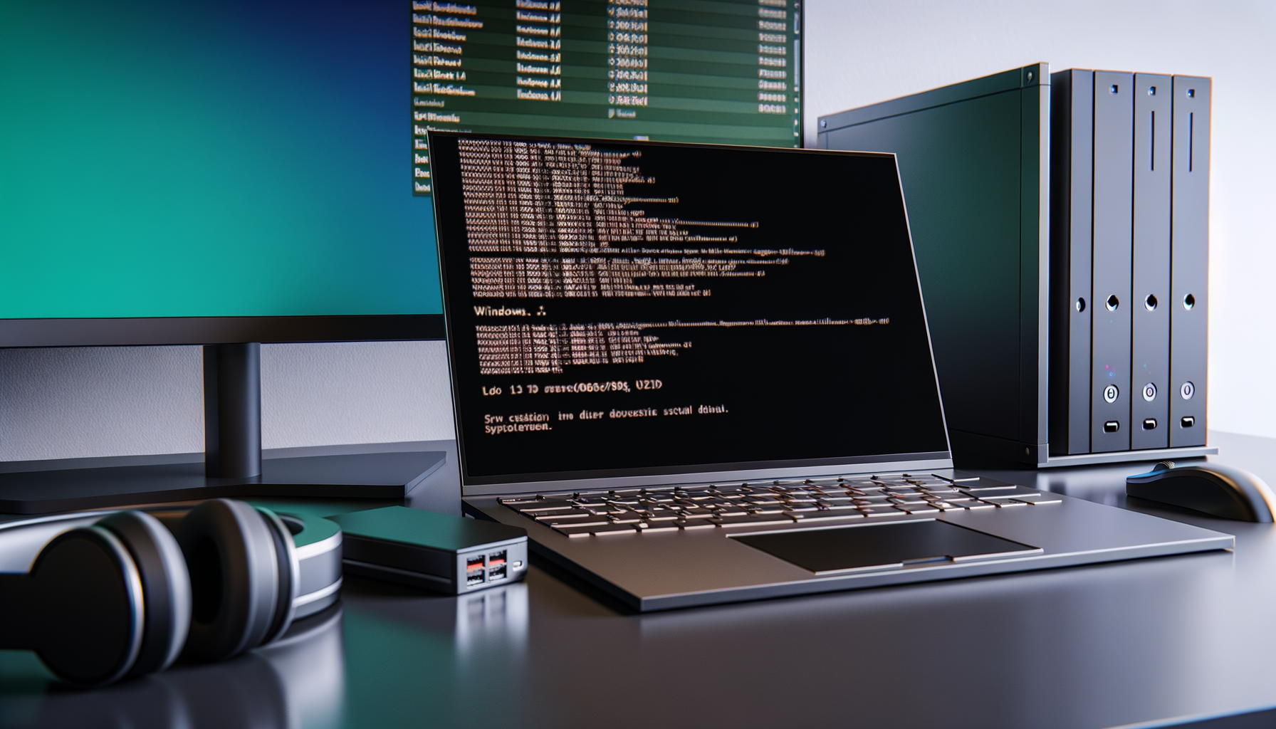 Laptop con schermata di codice e terminale aperto, circondato da monitor, cuffie e dispositivi di rete su scrivania moderna, tema aggiornamento Windows 11