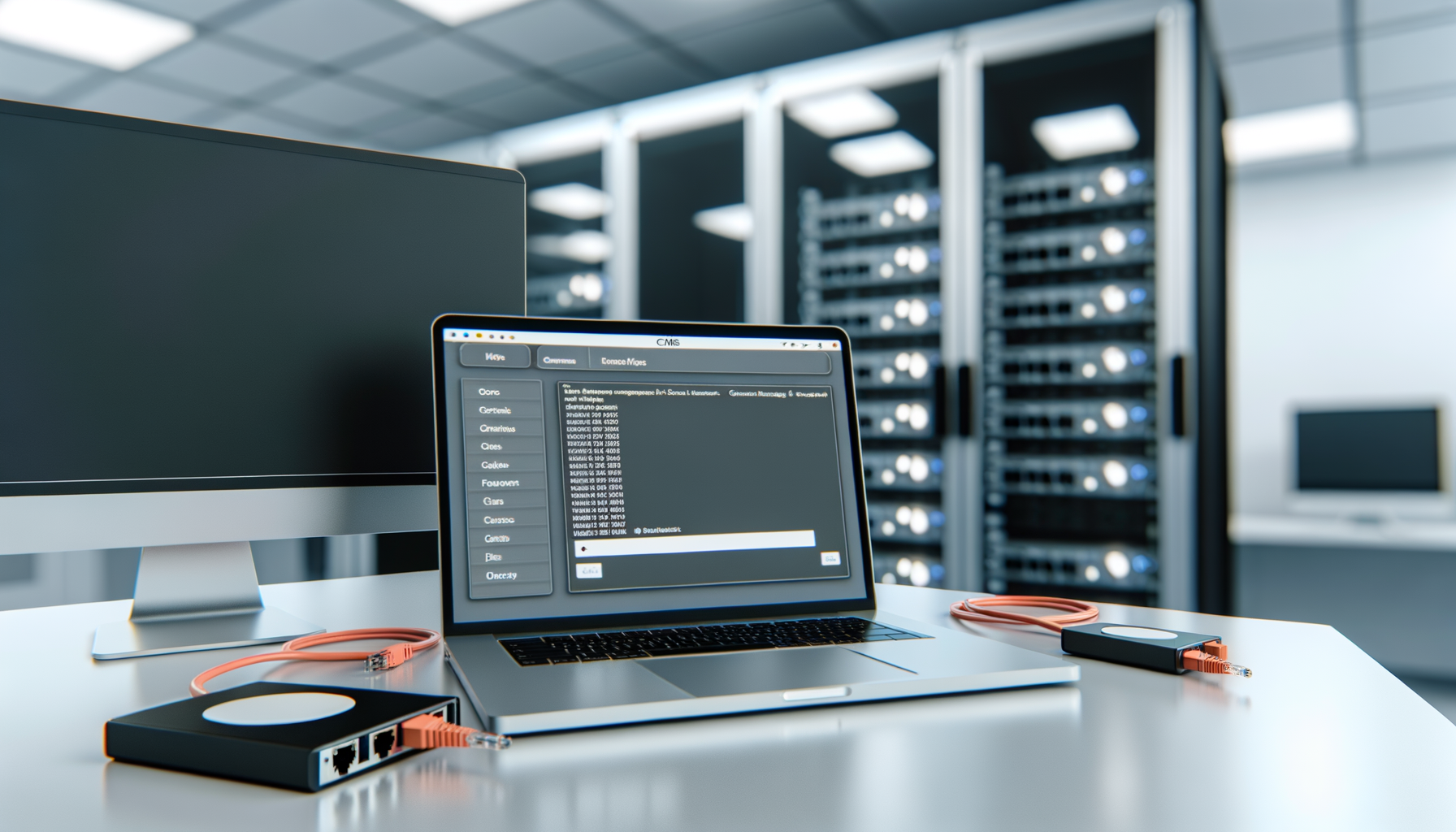 Laptop con interfaccia di gestione CMS aperta su scrivania in data center con server rack sullo sfondo