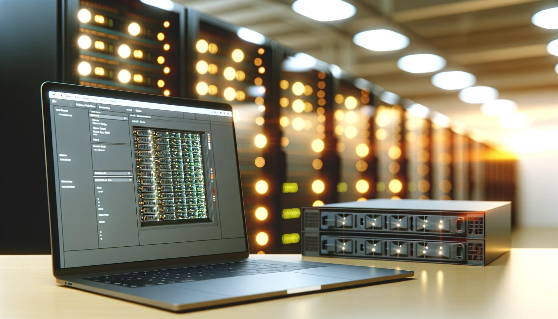 Laptop con schermo che mostra configurazione server e rack di server illuminati in data center moderno