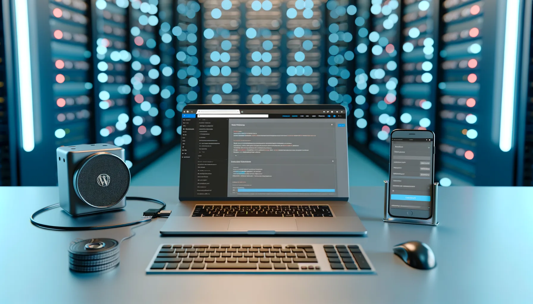 Scrivania con laptop, smartphone, tastiera e mouse in ambiente tecnologico con server e luci sfocate sullo sfondo