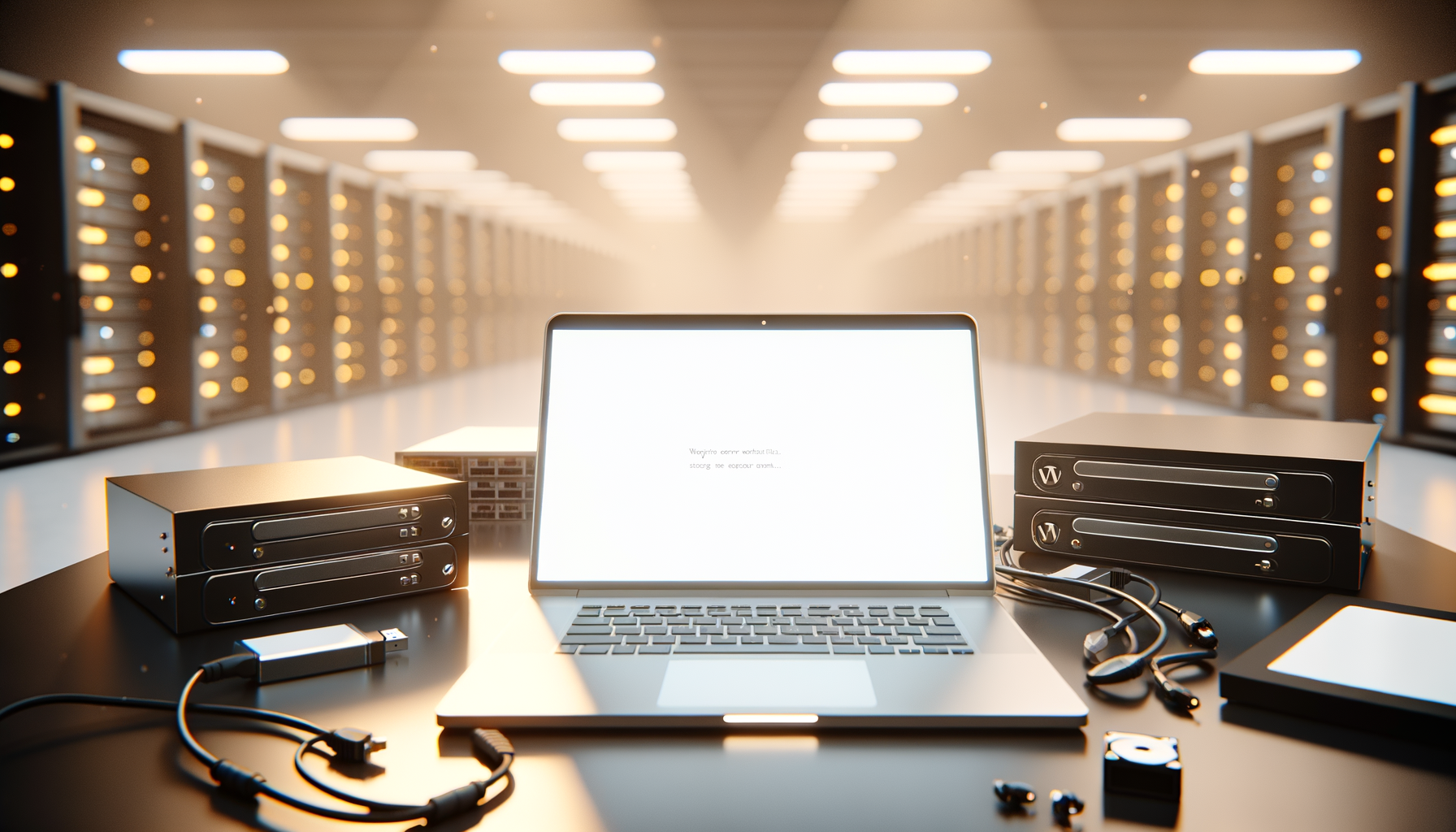 Laptop acceso con schermo bianco circondato da dispositivi di rete e server in un data center luminoso, simbolo di errore 500 WordPress
