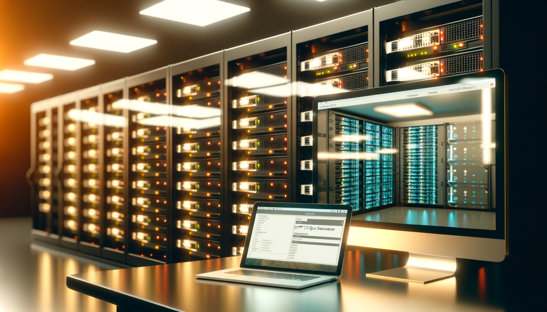 Server rack con luci LED e computer con schermo che mostra dati di rete in un data center moderno