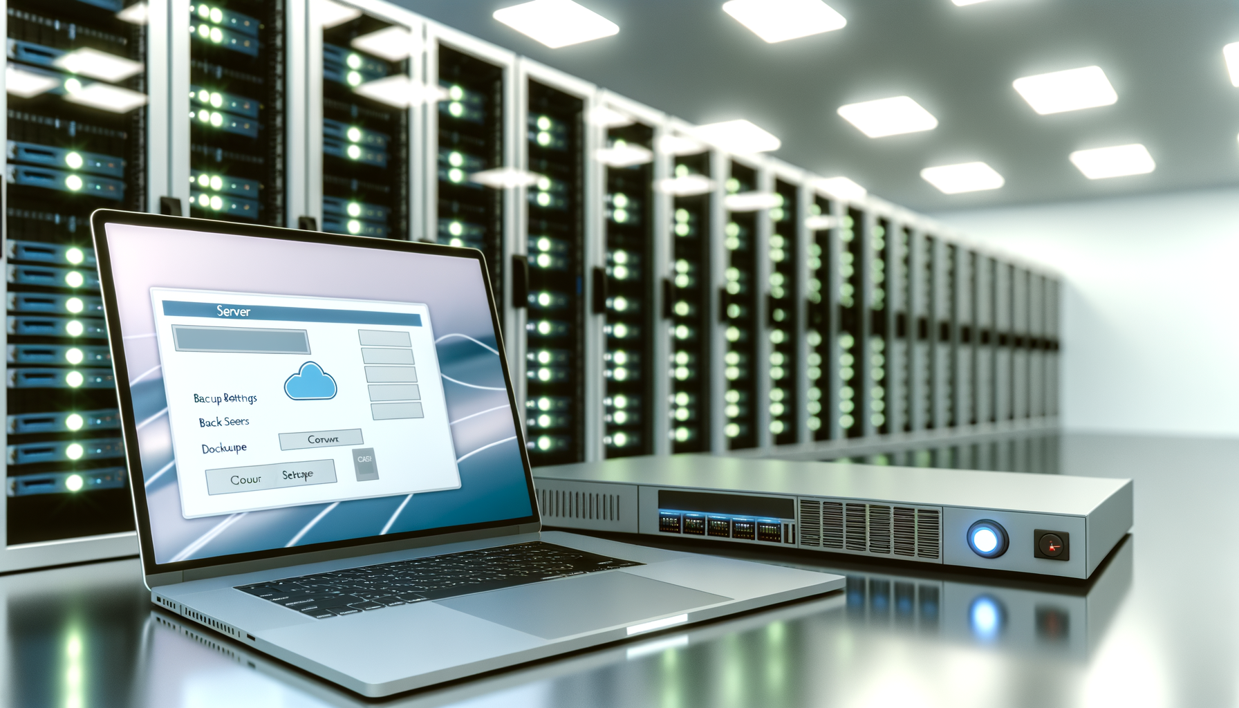 Laptop con interfaccia di backup remoto aperta affiancato a server rack in data center moderno illuminato