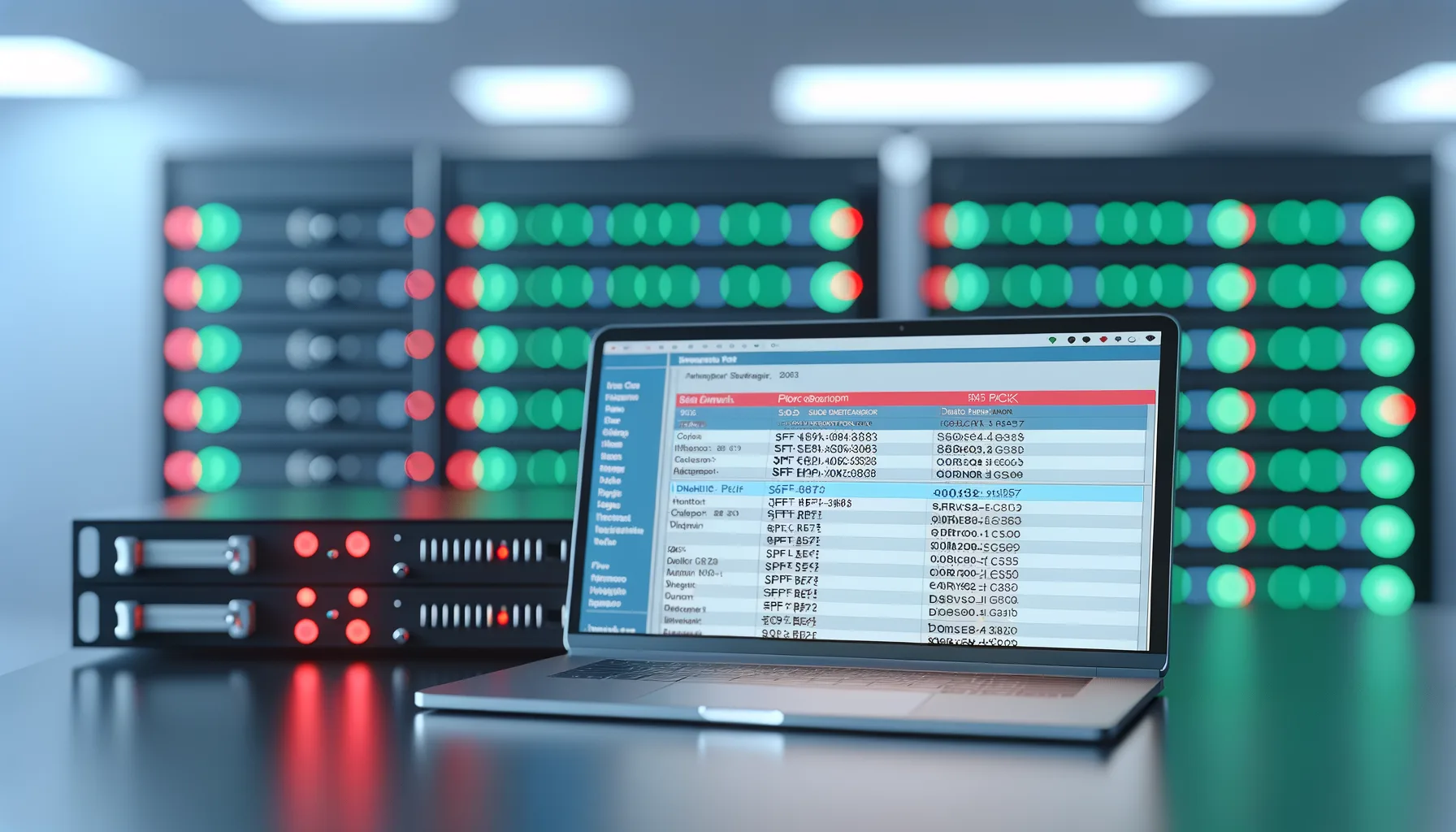 Laptop aperto con schermo che mostra dati di configurazione DNS davanti a server con luci verdi e rosse in un ambiente di data center