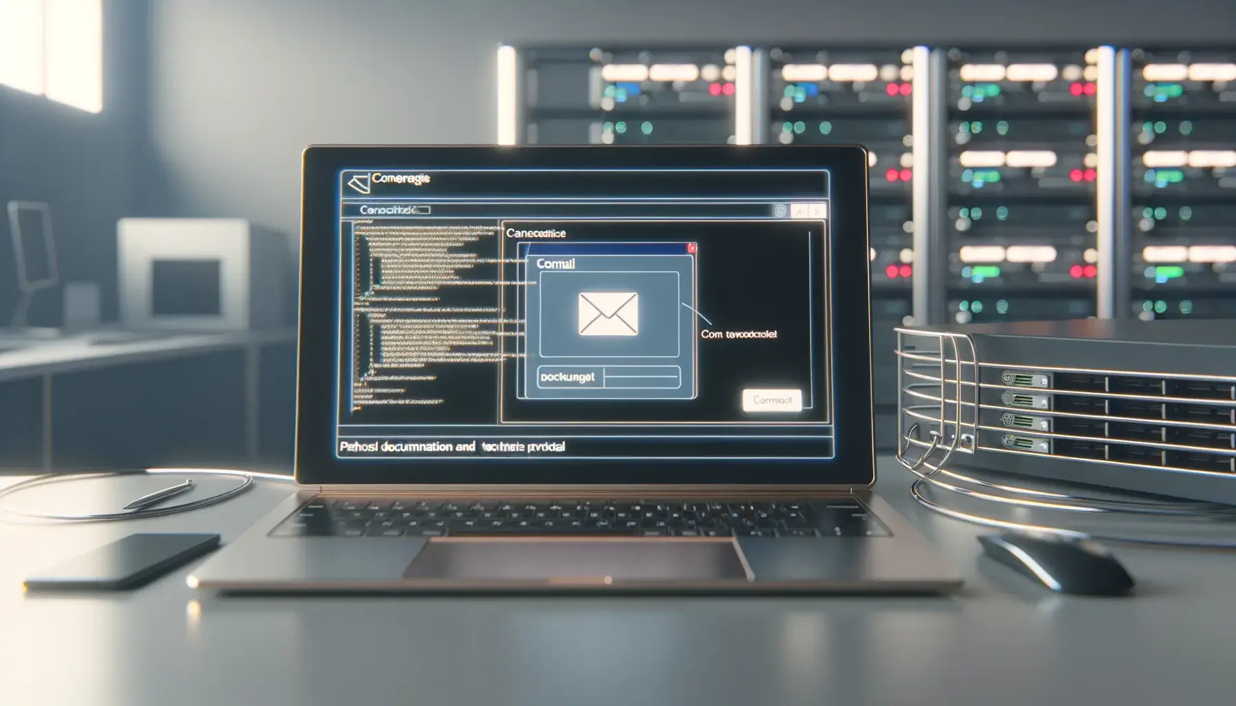 Laptop acceso con schermo che mostra configurazione di email e server in un ambiente data center con rack server sullo sfondo