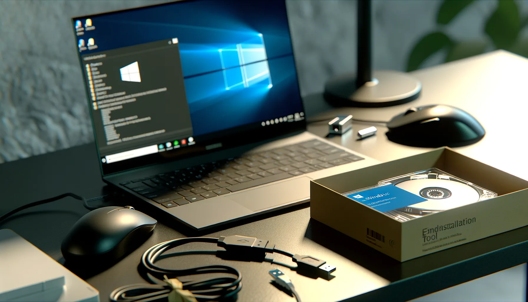 Computer portatile con sistema operativo Windows 11 in fase di aggiornamento, mouse e scatola con strumento di installazione su scrivania.