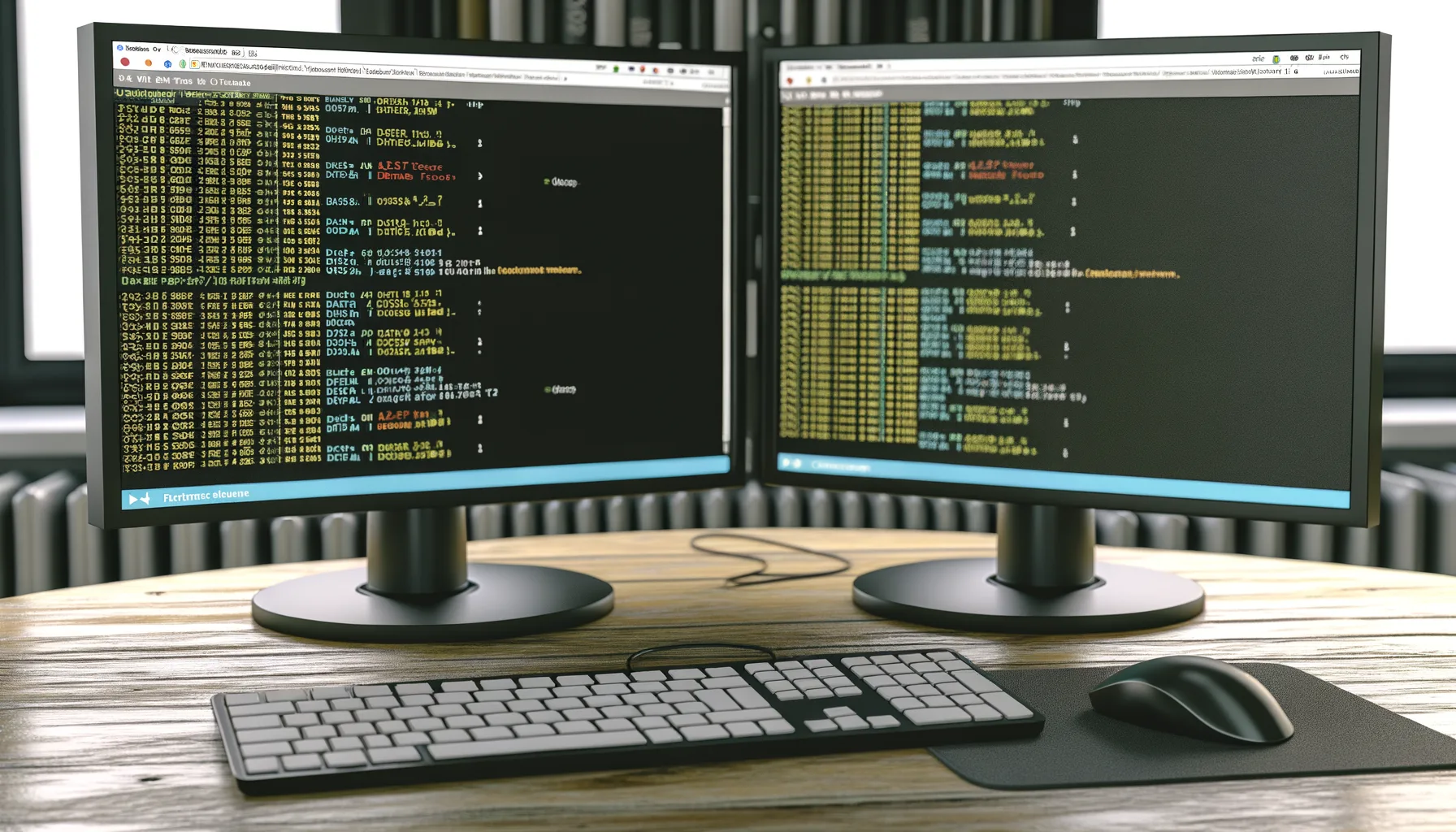 Doppio monitor con codice sorgente e dati sullo schermo, tastiera e mouse su scrivania in legno per configurare Plesk Lets Encrypt Wildcard DNS-01