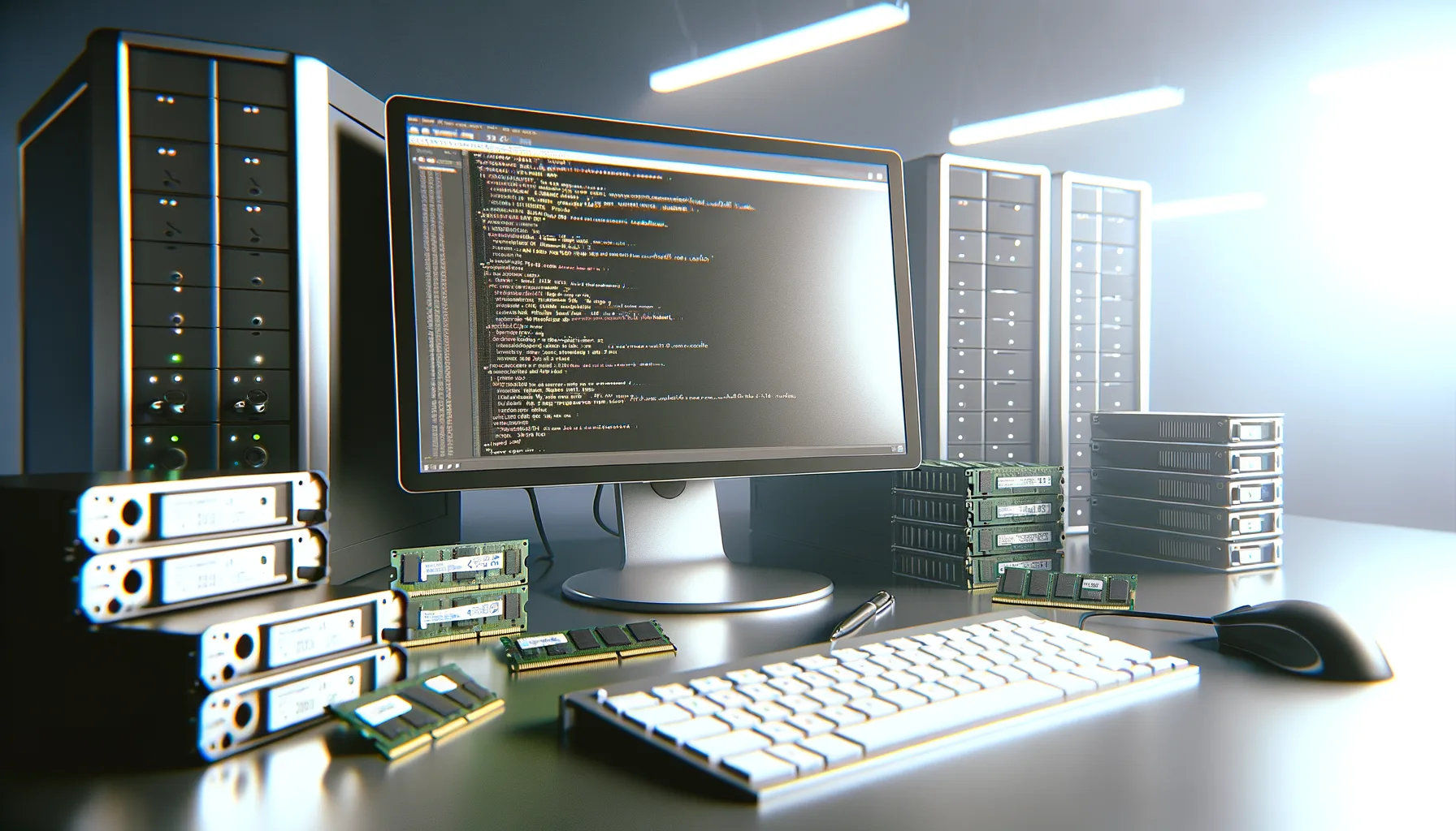 Postazione con monitor che mostra codice, tastiera, mouse, moduli RAM e server rack in un ambiente di lavoro tecnologico