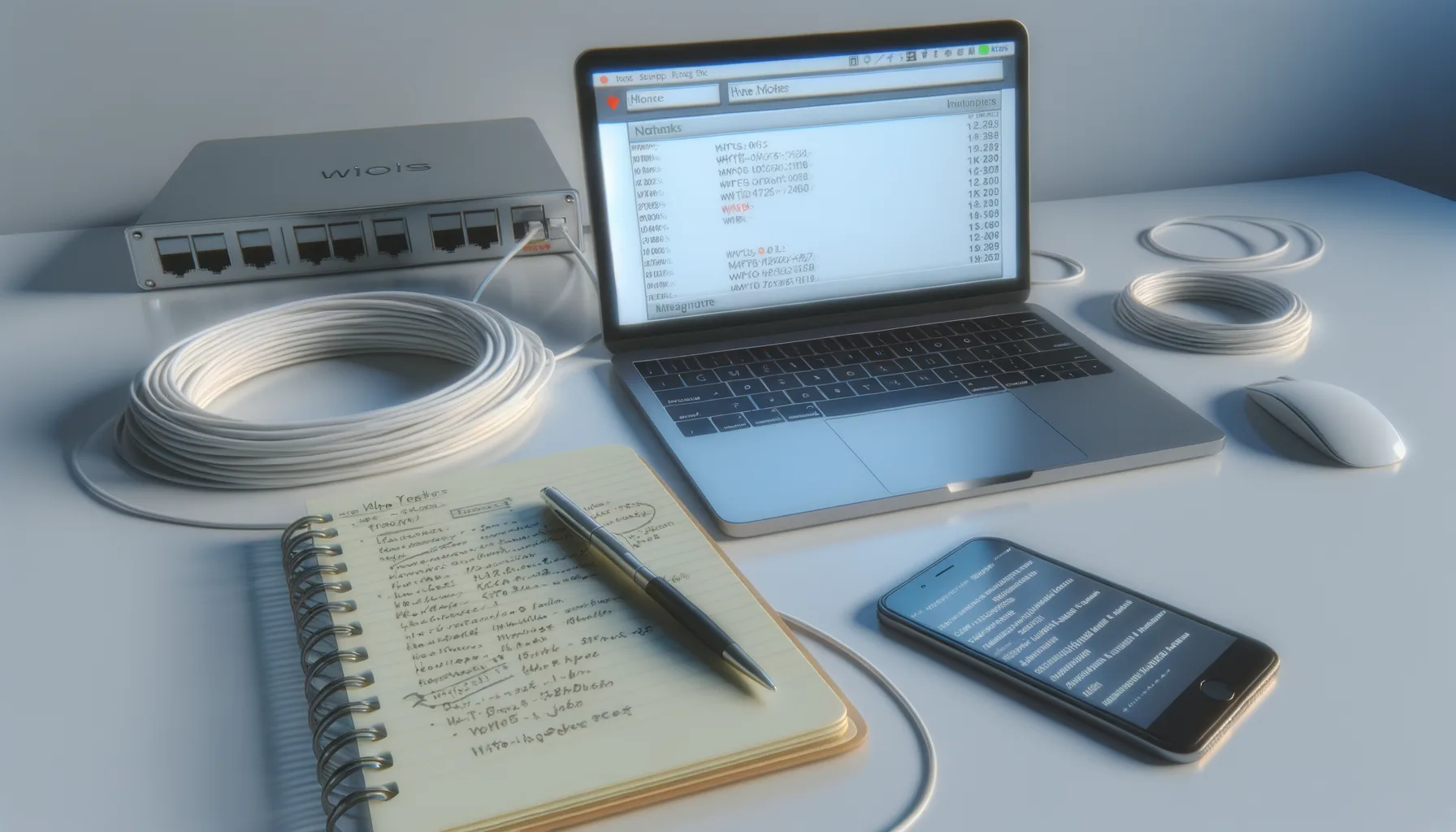 Postazione di lavoro con laptop, smartphone, switch di rete, cavi Ethernet, quaderno e penna su scrivania bianca