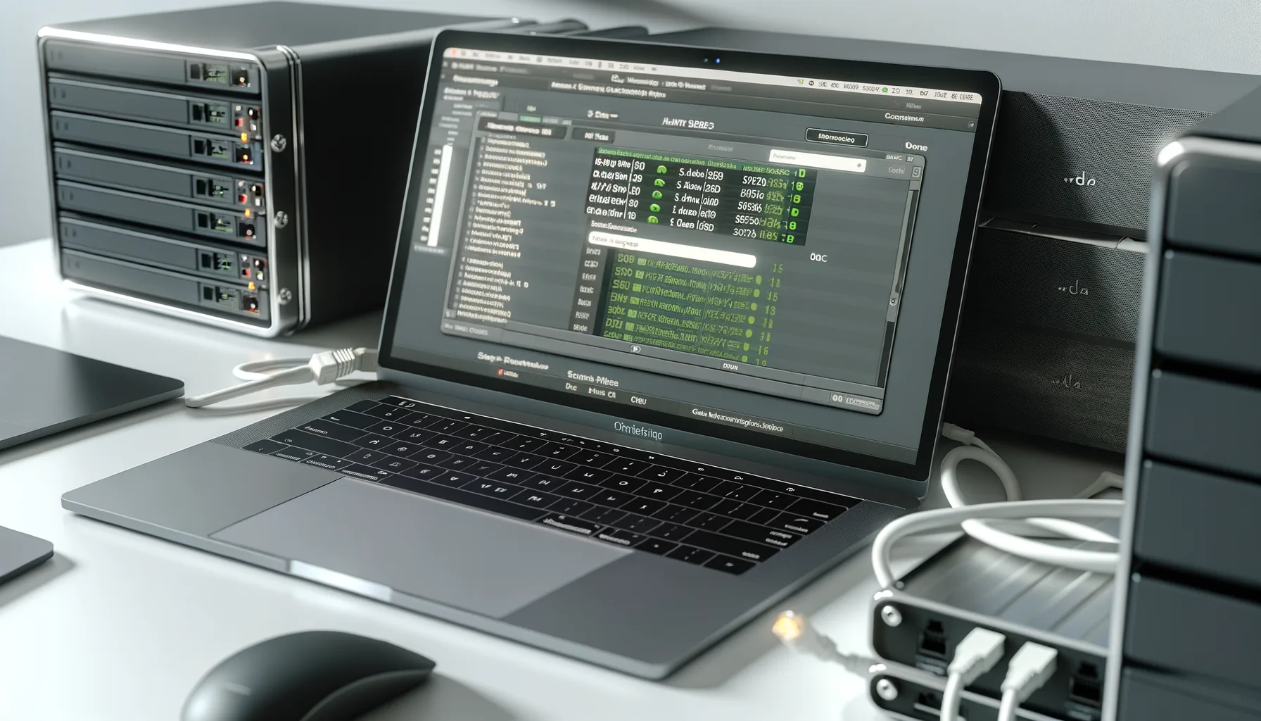 Laptop moderno con schermo acceso che mostra dati di rete e server collegati tramite cavi Ethernet in un ambiente di lavoro tecnologico