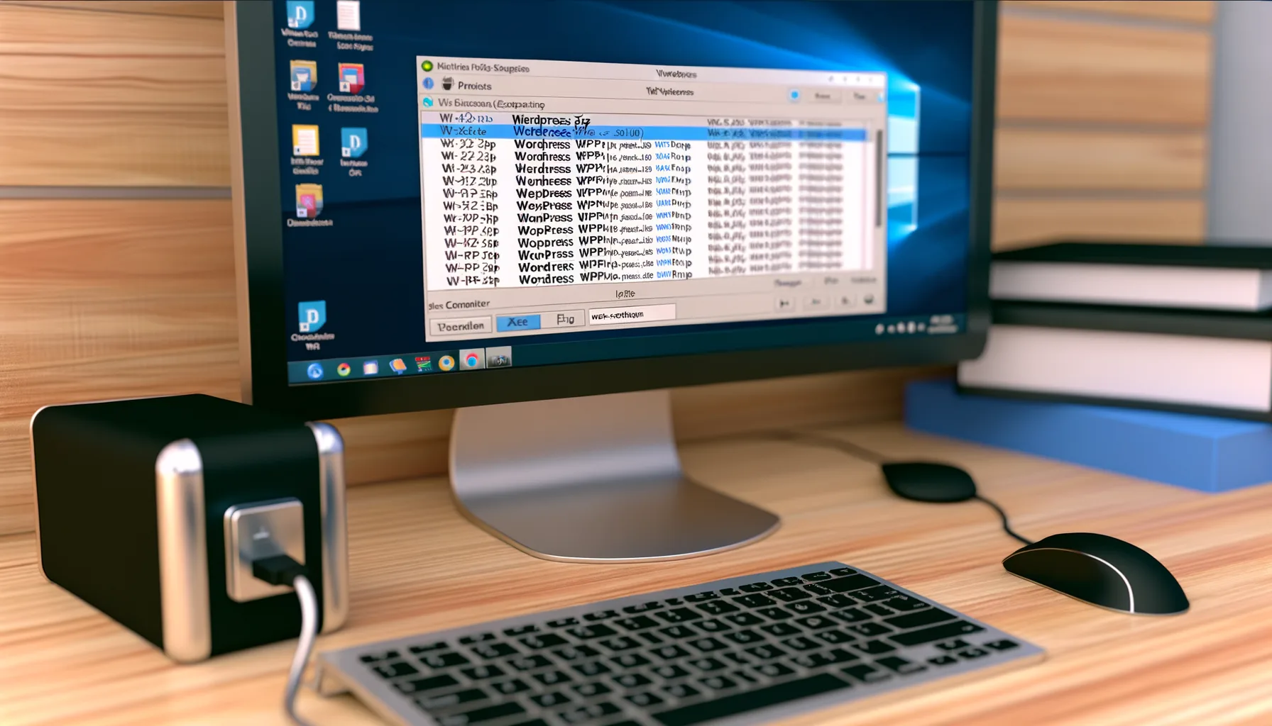 Schermo di computer con interfaccia software aperta su desktop in ambiente ufficio con tastiera e mouse su scrivania in legno