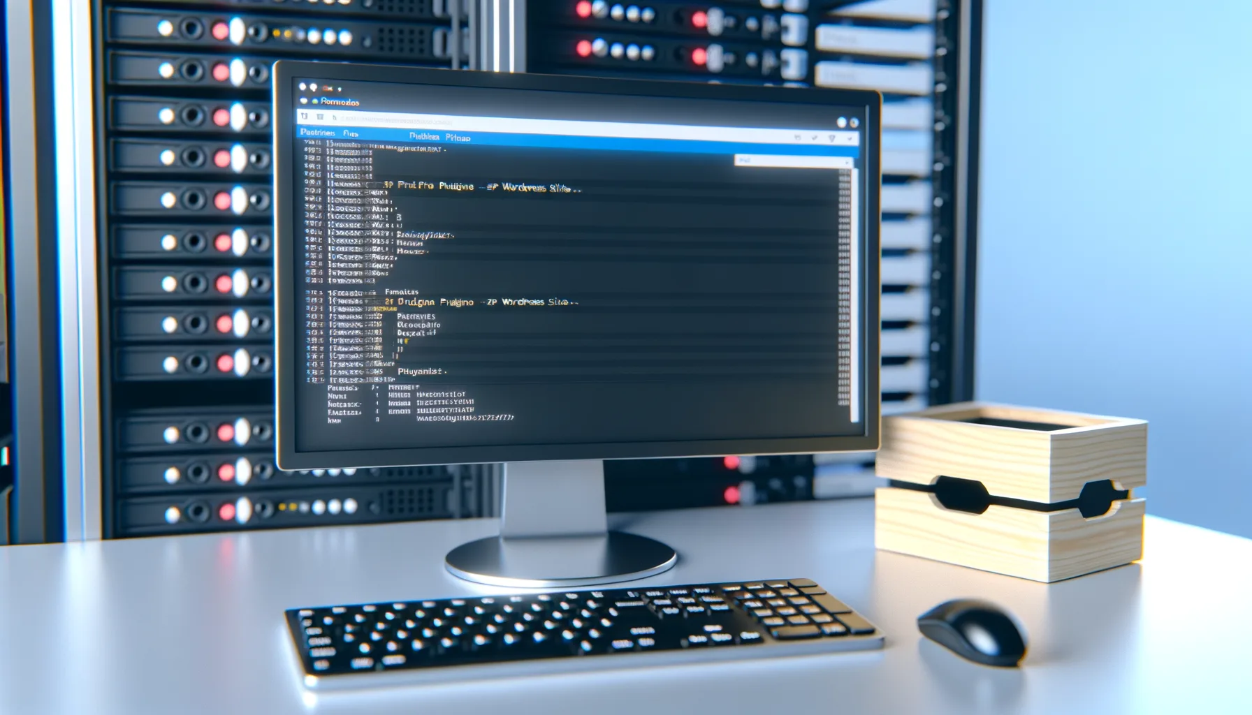 Monitor con schermata di codice e tastiera in primo piano, server rack sullo sfondo, ambiente di lavoro tecnico