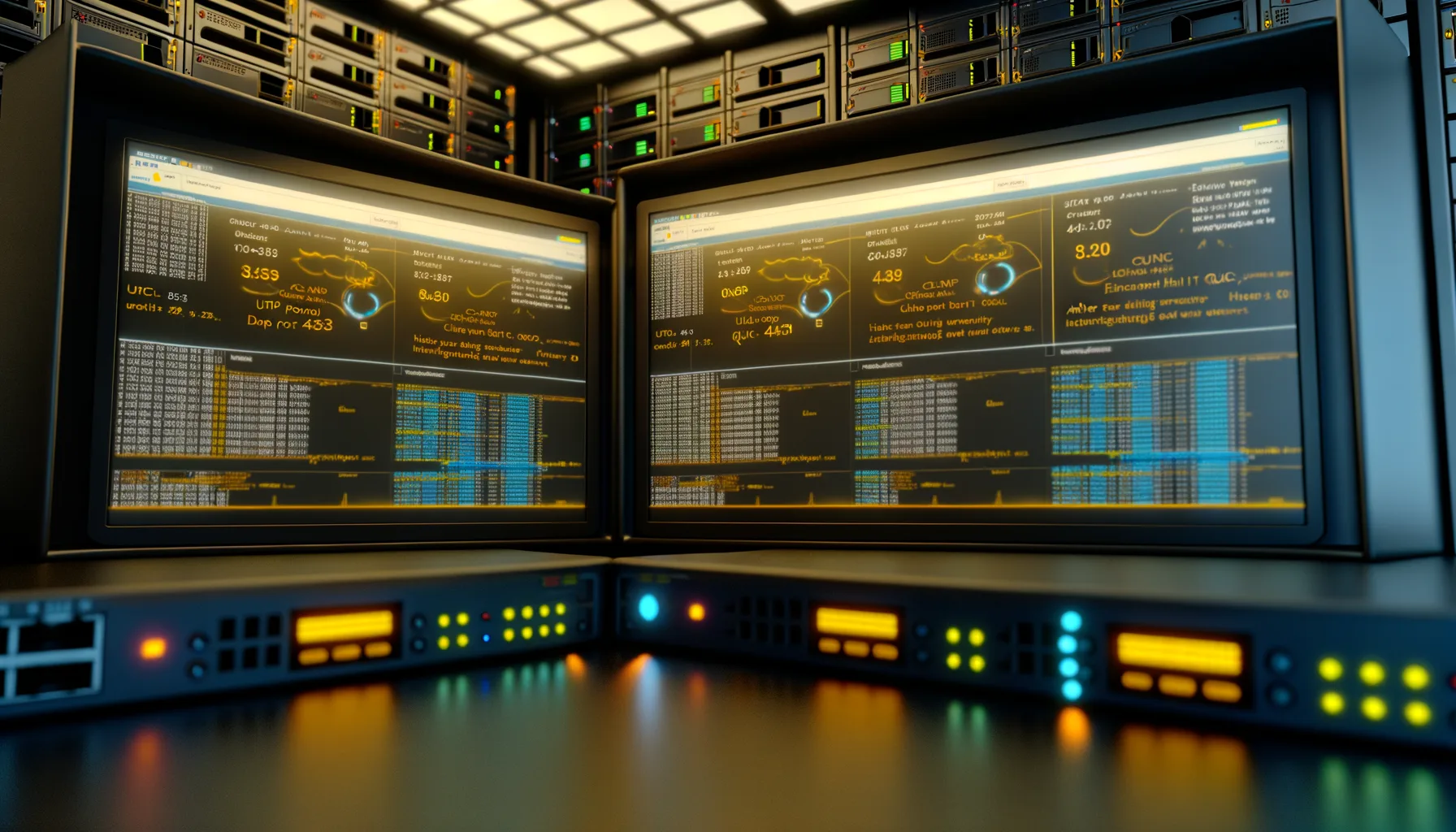 Schermo di monitor con dati e statistiche di rete, evidenziando protocolli HTTP/3 e QUIC in ambiente server con pannelli di controllo e luci LED