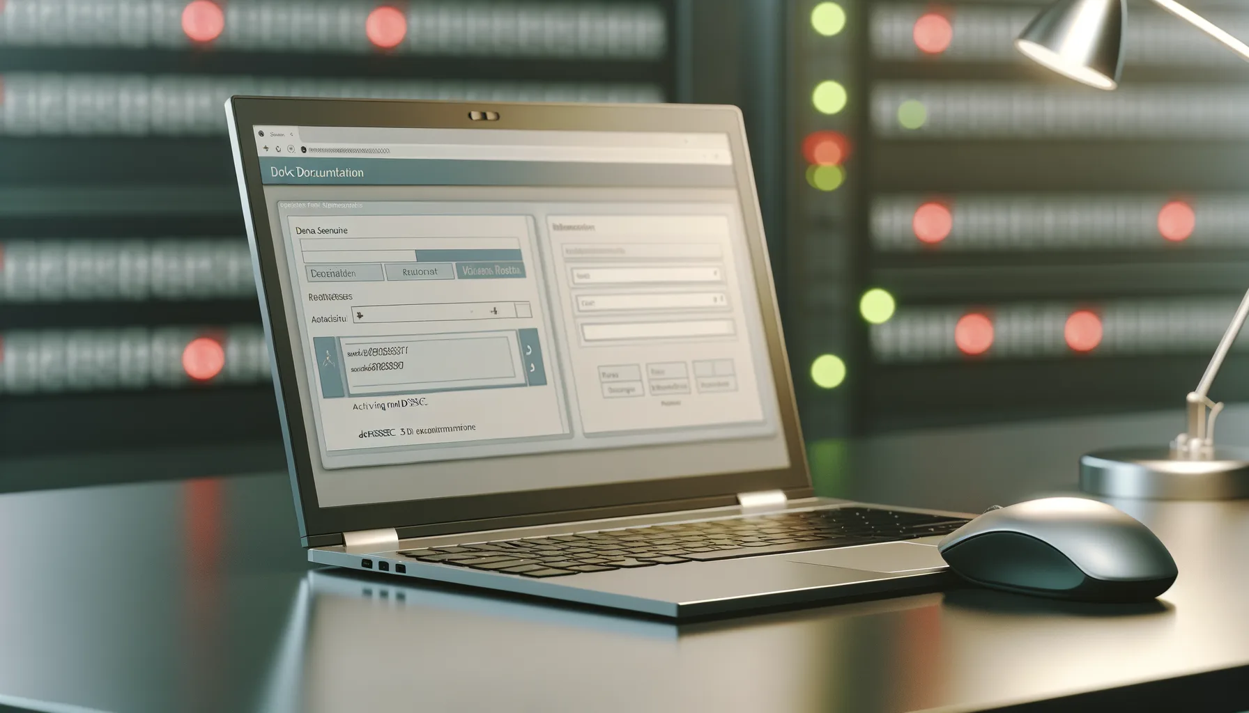 Laptop aperto su una scrivania con schermata di attivazione DNSSEC visibile, con server e luci LED sullo sfondo