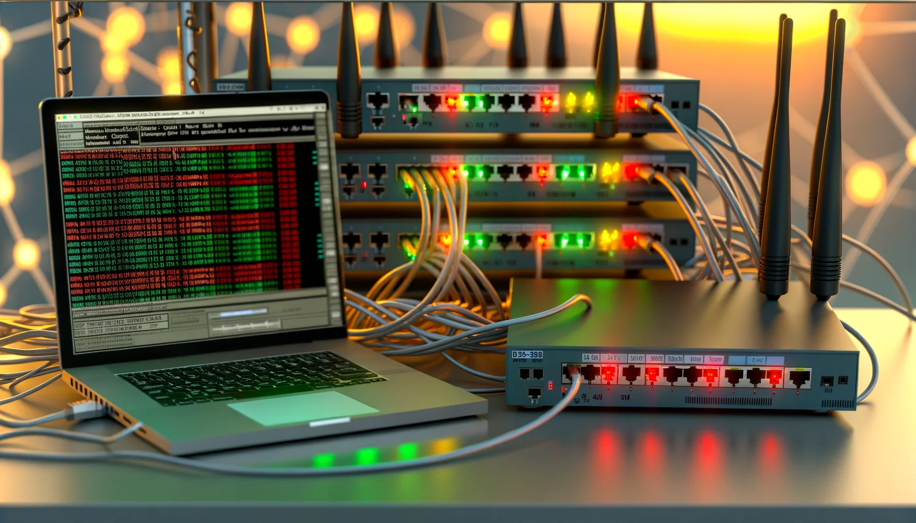 Laptop con schermata di terminale e dispositivi di rete con luci LED accese, collegati da cavi Ethernet in un ambiente tecnologico