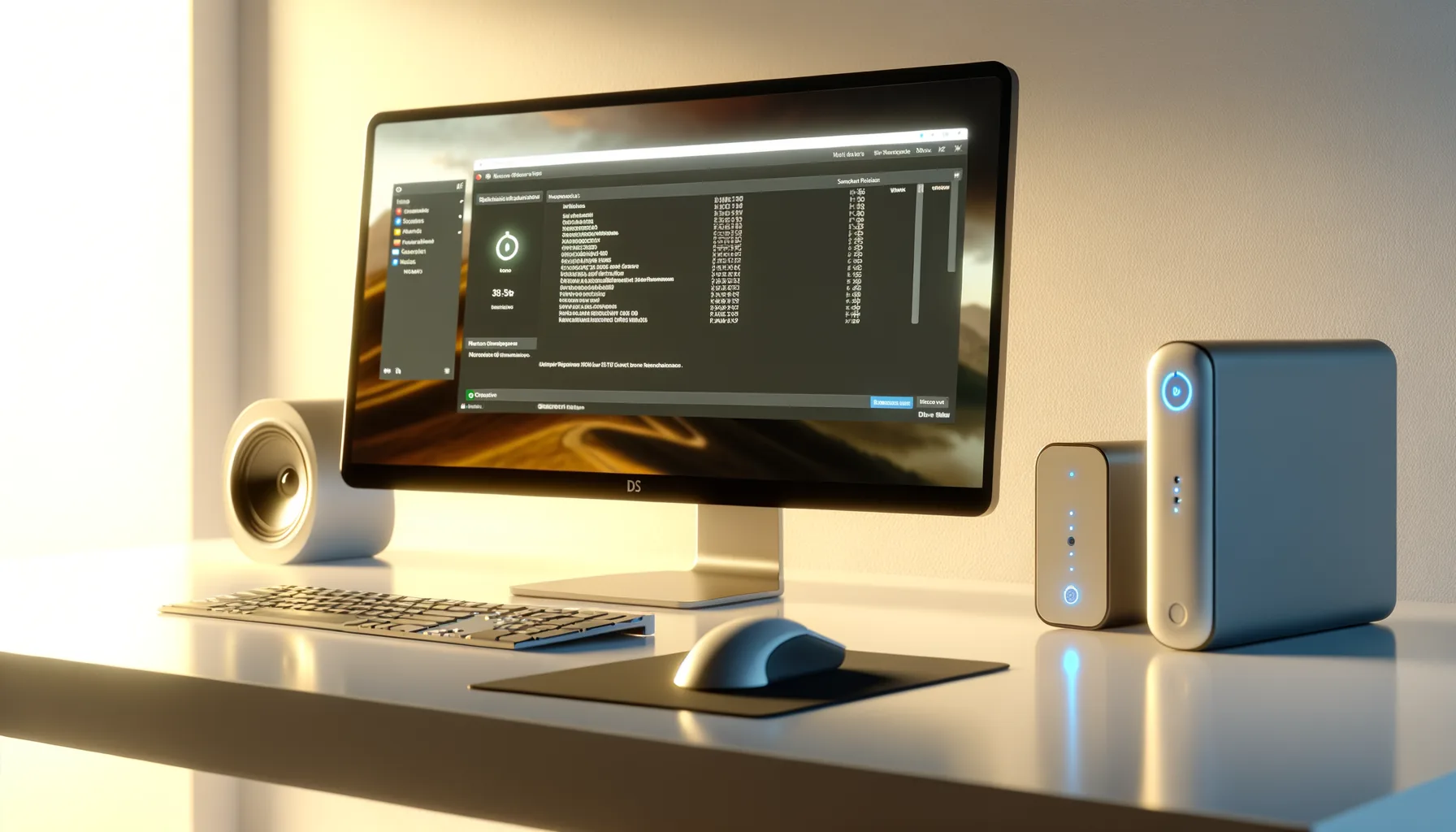 Postazione desktop con monitor che mostra schermata di aggiornamento Windows 11 bloccato errore 0x800f081f, tastiera, mouse e unità esterne accese