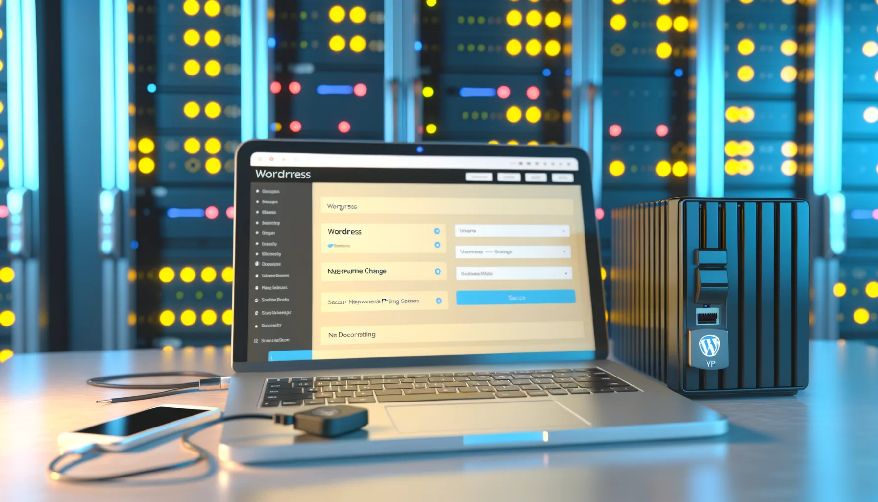 Laptop aperto con interfaccia di configurazione WordPress e server di hosting in un ambiente data center moderno