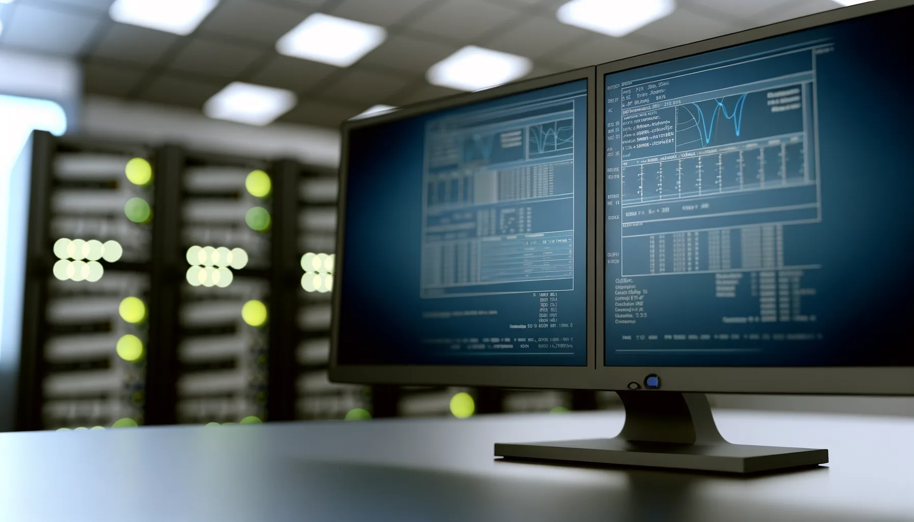 Doppi monitor con schermate di dati e grafici su un tavolo in un ambiente server con rack di computer sullo sfondo.
