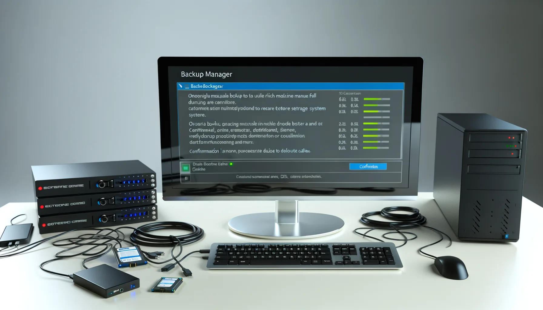 Postazione di lavoro con computer desktop, monitor che mostra l'interfaccia Backup Manager e dispositivi di archiviazione collegati