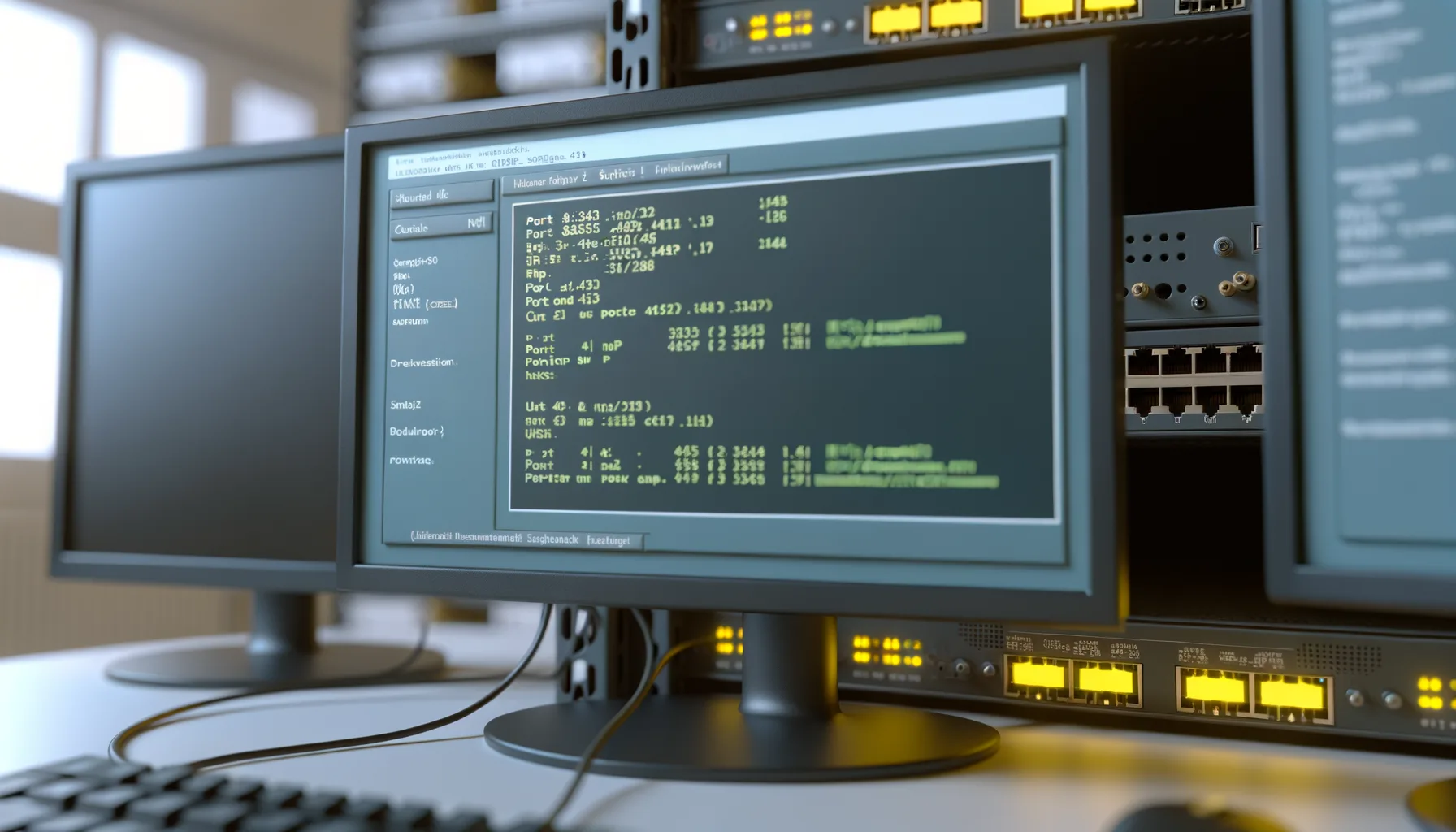 Monitor con schermo che mostra codice e dati di rete in ambiente server con apparecchiature di rete illuminate