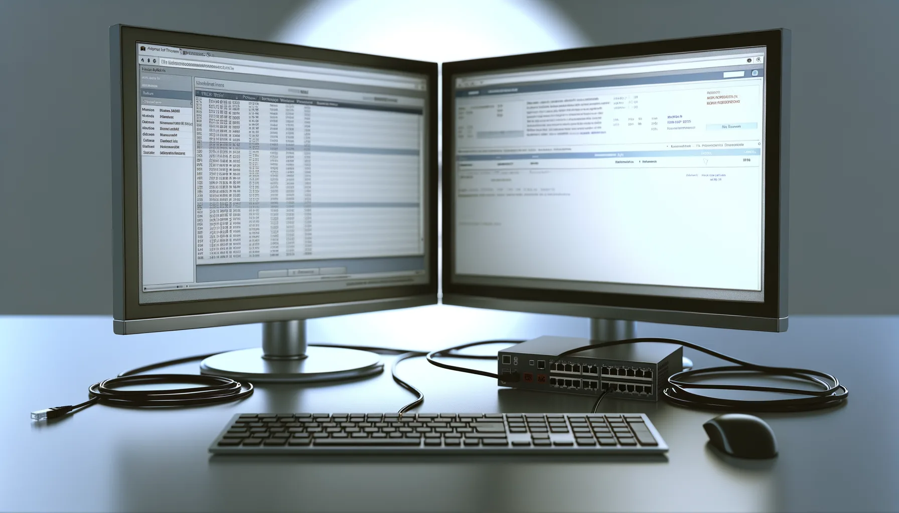 Postazione informatica con doppio monitor che mostra schermate di configurazione e un dispositivo di rete collegato, tastiera e mouse in primo piano