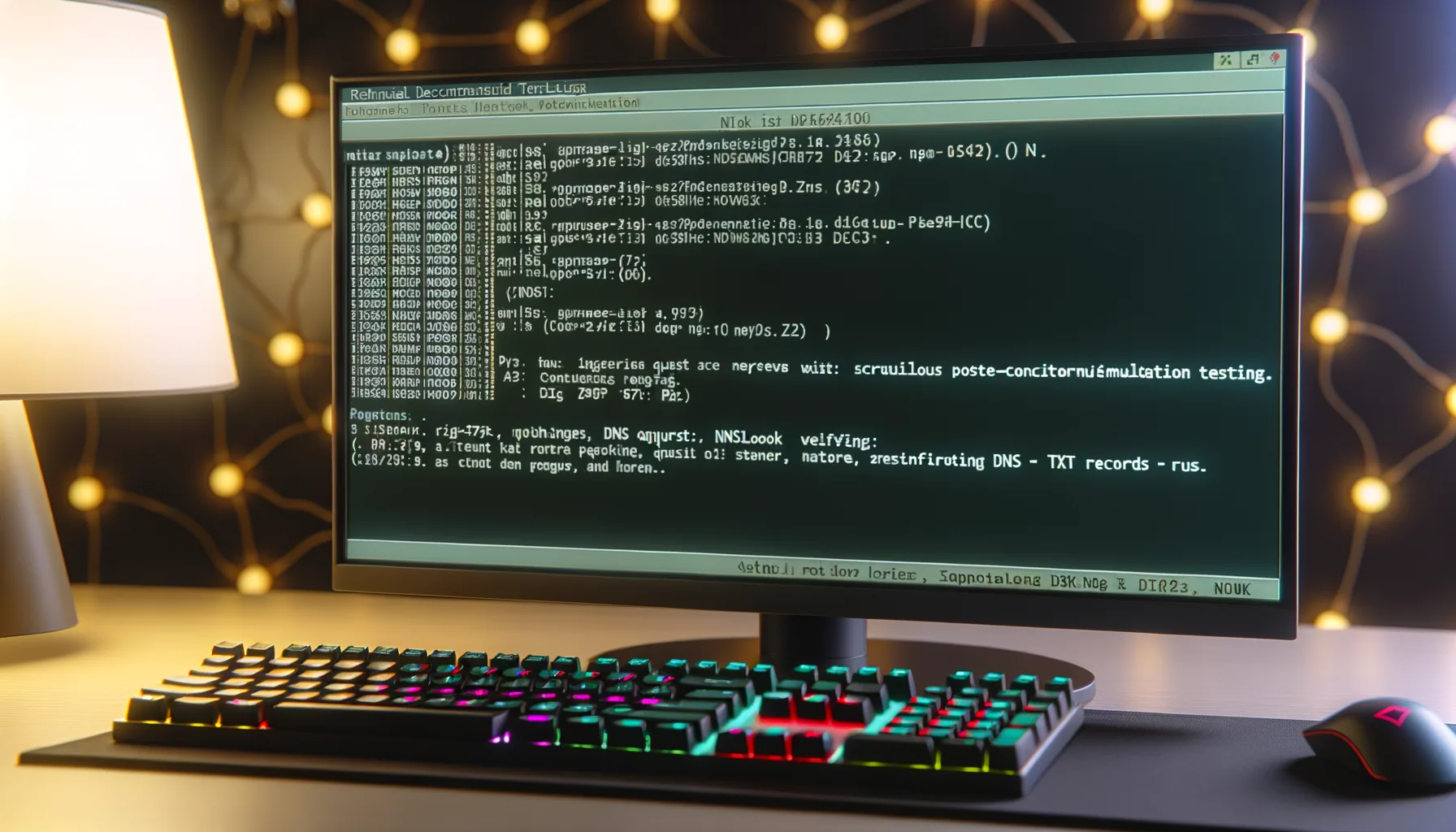 Monitor con schermata di configurazione DNS e test SPF, DKIM, DMARC con tastiera RGB e mouse su scrivania illuminata da lampada