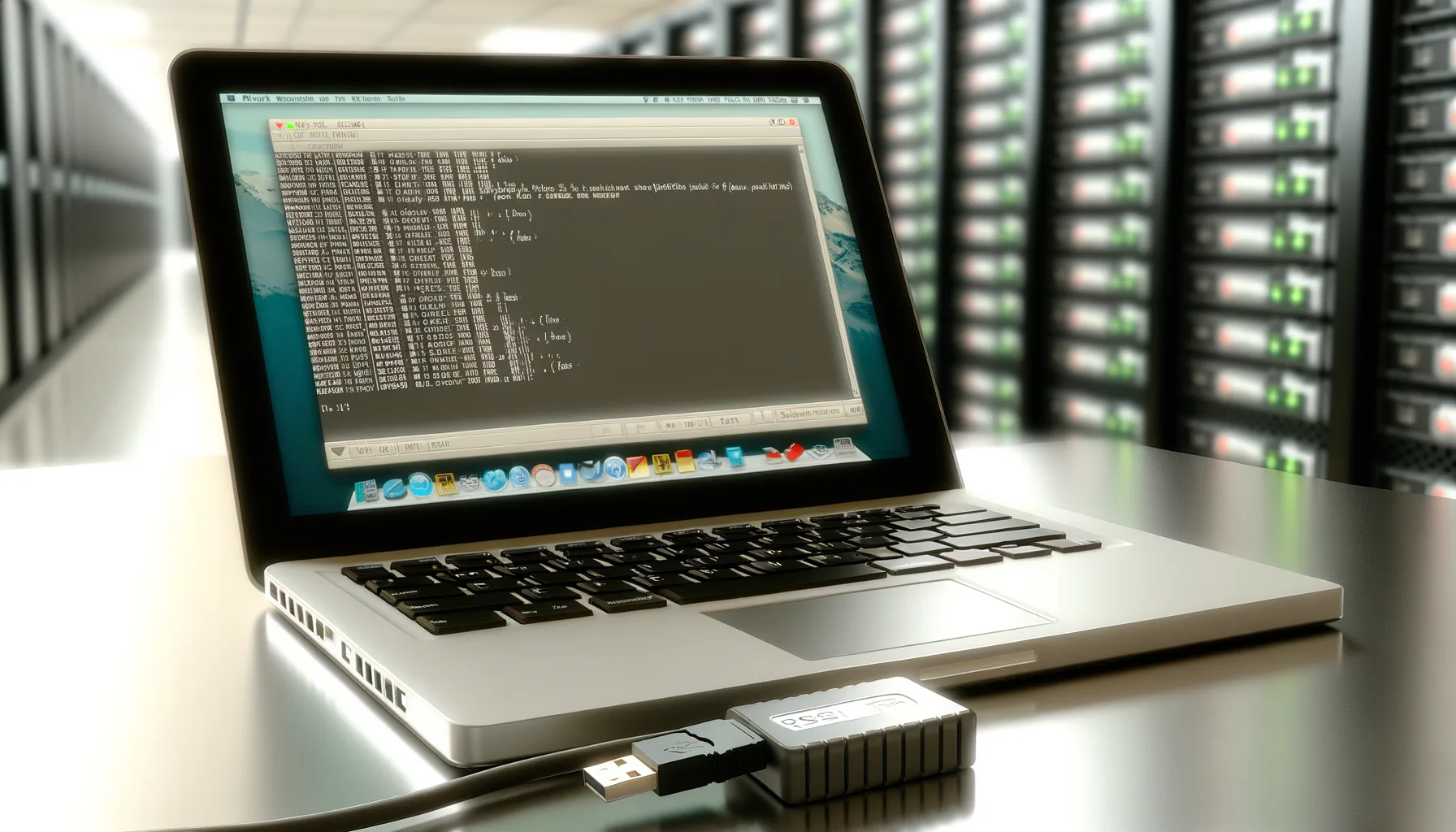 Laptop con schermo che mostra un terminale di comando su una scrivania in un data center con server in background