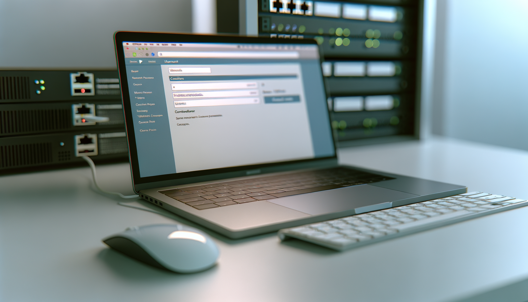 Laptop aperto con interfaccia Plesk per configurazione SPF, DKIM e DMARC con tastiera e mouse su scrivania bianca